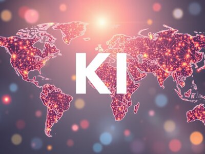 Eine Weltkarte mit leuchtenden Punkten und Verbindungslinien, die ein globales Netzwerk darstellen. Im Zentrum des Bildes steht das Kürzel 'KI' in großen, weißen Buchstaben. Der Hintergrund ist mit unscharfen, farbigen Lichtpunkten verziert.