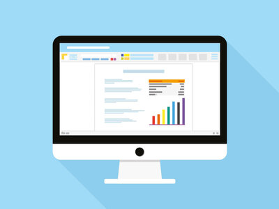 Auf dem Bildschirm ist eine Tabellenkalkulationssoftware oder ein Datenanalyse-Tool zu sehen. Im Hauptfenster sind mehrere Zeilen mit Daten oder Texten aufgelistet. Rechts daneben befindet sich ein Balkendiagramm mit farbigen Balken (rot, orange, gelb, blau, lila), das die Daten visualisiert. Oben im Fenster sind verschiedene Werkzeugleisten mit Symbolen für Funktionen wie Speichern, Rückgängig, Formatierung und Diagrammeinstellungen zu sehen. Der Hintergrund des Bildschirms ist hellblau.