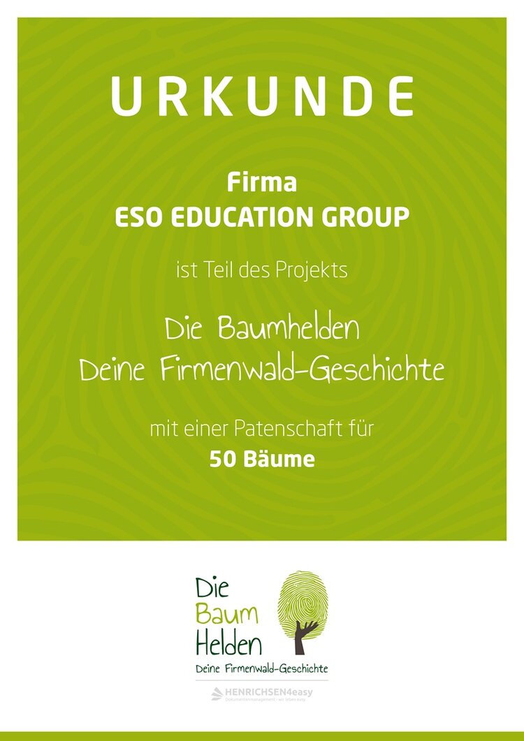 Grüne digitale Urkunde mit weißer Schrift der Baumhelden für die ESO Education Group zur Baumpatenschaft