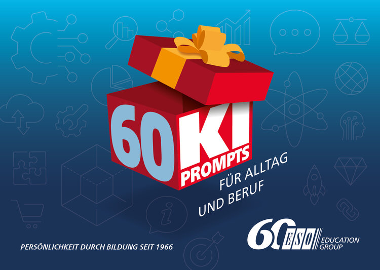 Ein rotes Geschenkpaket mit der Aufschrift "60 KI PROMPTS FÜR ALLTAG UND BERUF" steht im Mittelpunkt. Das Paket ist mit einer goldenen Schleife verziert und leicht geöffnet, sodass der Inhalt sichtbar wird. Im Hintergrund sind blasse, technische und abstrakte Symbole wie Zahnräder, Diagramme, Glühbirnen, Raketen und Netzwerke zu sehen. Unten rechts steht das Logo der "ESO Education Group" mit dem Slogan "PERSÖNLICHKEIT DURCH BILDUNG SEIT 1966.
