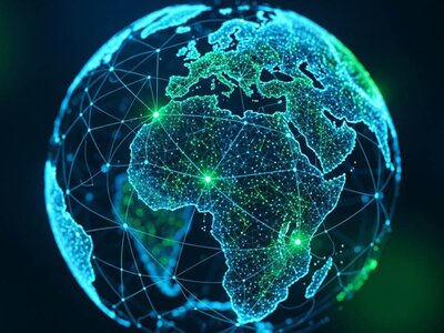 Stilisierte digitale Darstellung der Erde, die von einem leuchtenden Netzwerk aus grünen und blauen Linien und Punkten überzogen ist. Das Netzwerk symbolisiert globale Vernetzung und digitale Kommunikation.