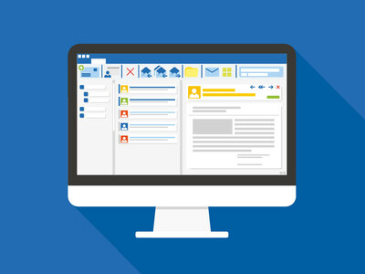 Auf dem Bildschirm ist eine E-Mail-Verwaltungssoftware oder ein E-Mail-Client zu sehen. Links befindet sich eine Leiste mit verschiedenen Ordnern wie Posteingang, Entwürfe, Gesendet und Gelöscht. In der Mitte sieht man eine Liste von E-Mails mit verschiedenen Absender-Icons und Lesezuständen (gelesen/ungelesen). Rechts ist eine geöffnete E-Mail mit einem gelben Absender-Symbol und einem Platzhaltertext zu sehen. Über der E-Mail-Liste befinden sich verschiedene Aktionssymbole wie "Neue E-Mail", "Antworten", "Weiterleiten" und "Löschen". Der Hintergrund des Bildes ist blau.