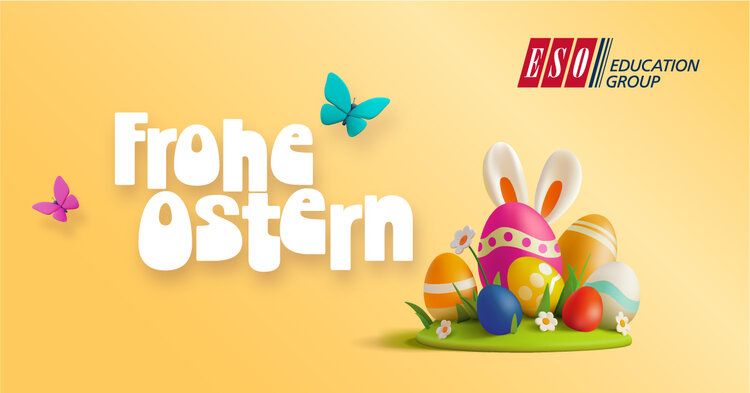 Grafik mit Ostergruß: Auf gelbem Hintergrund steht ‚Frohe Ostern‘, daneben bunte Ostereier mit Hasenohren, Blumen und Schmetterlingen sowie das Logo der ESO Education Group.