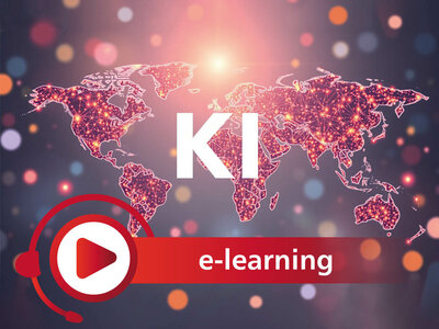 Eine Weltkarte mit leuchtenden Punkten und Verbindungslinien, die ein globales Netzwerk darstellen. Im Zentrum des Bildes steht das Kürzel 'KI' in großen, weißen Buchstaben. Der Hintergrund ist mit unscharfen, farbigen Lichtpunkten verziert.