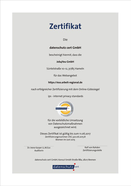 Arbeitsmarktportal esojob.de nach ips zertifiziert-2